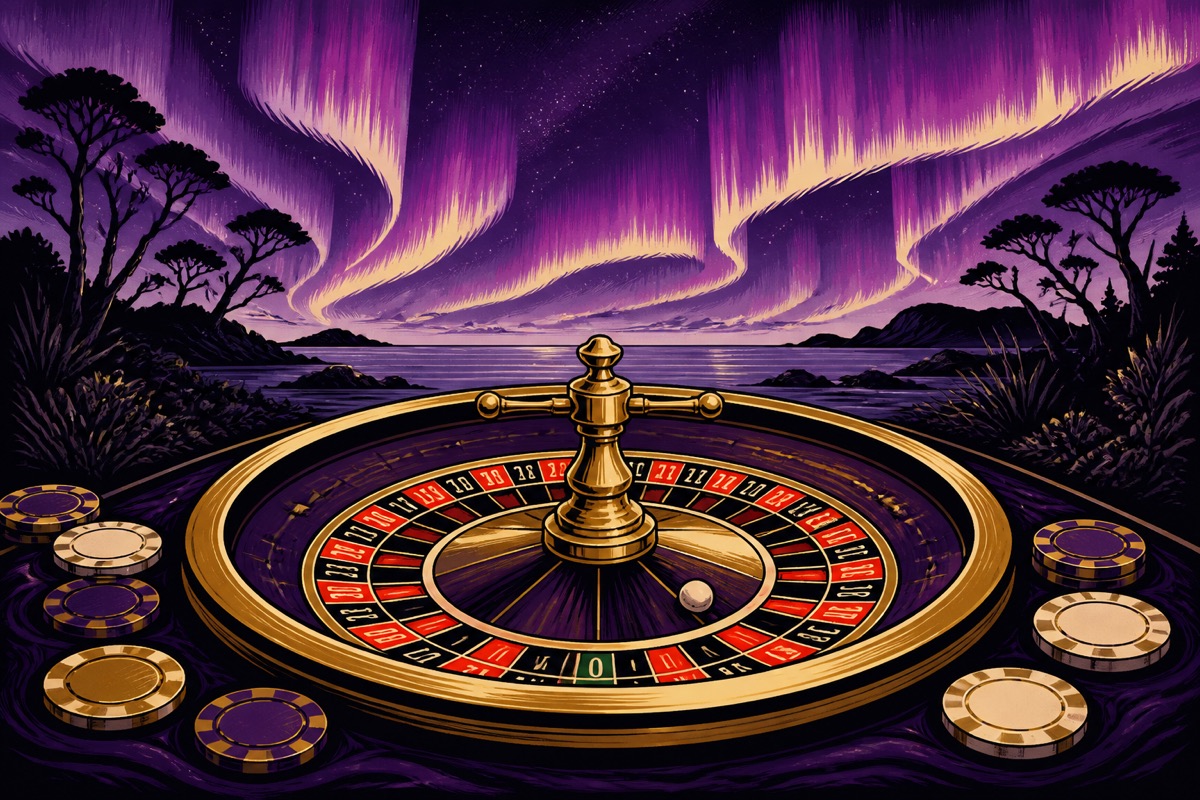 Hand-drawn single-zero roulette wheel beneath southern light ribbons