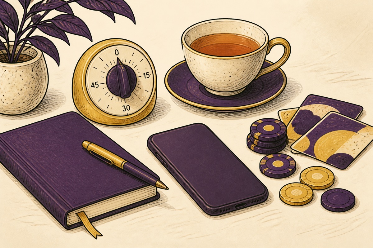 Hand-drawn timer, cup of tea, notebook and face-down phone