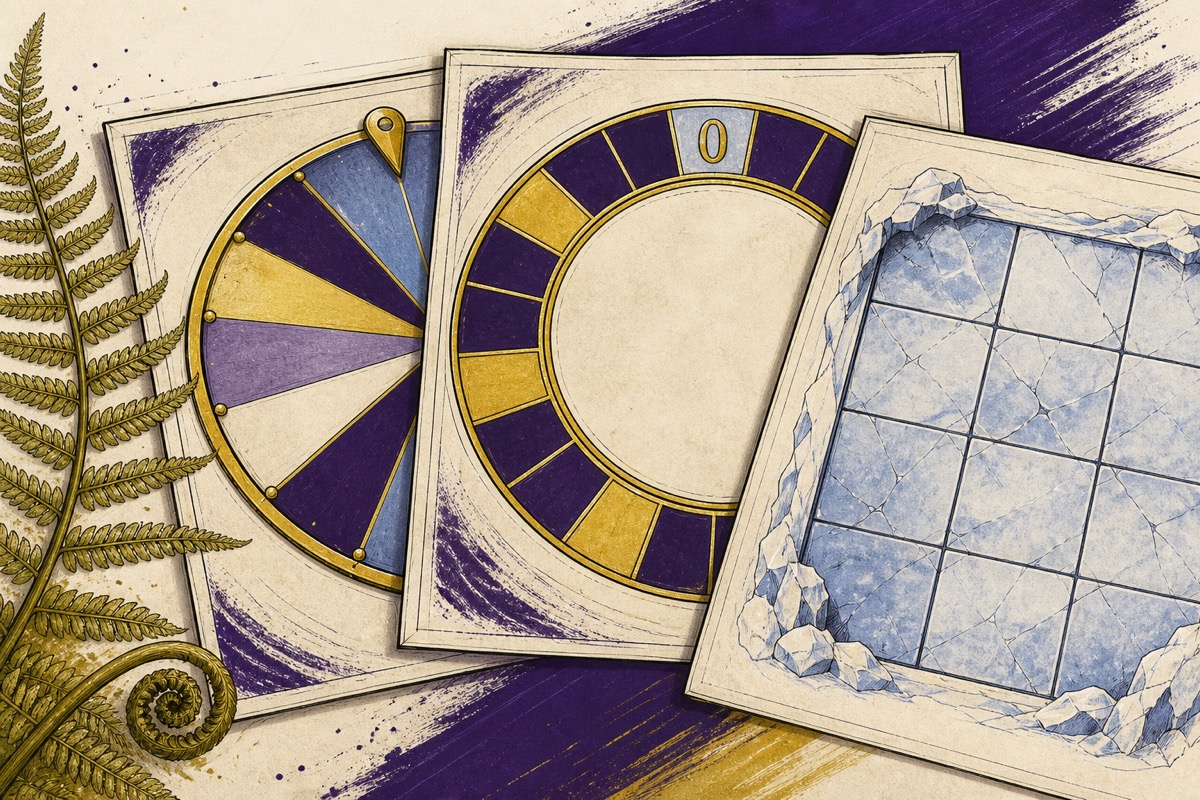 Hand-drawn prize wheel, roulette board and ice grid arranged with a ponga leaf