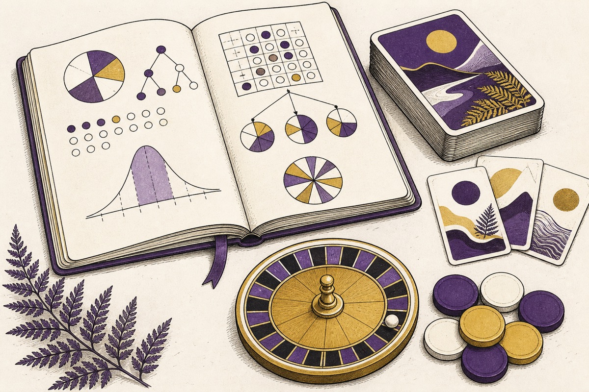 Hand-drawn notebook with probability diagrams, abstract cards and a single-zero wheel
