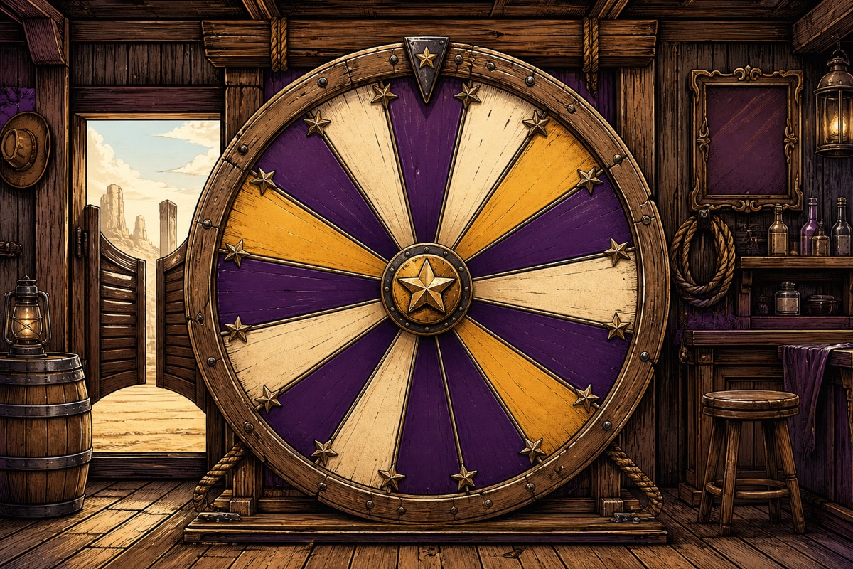 Hand-drawn segmented prize wheel in a weathered Wild West saloon